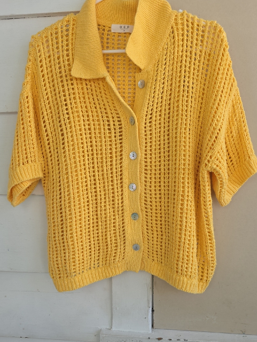 Yellow Open-Knit Button Front Short-Sleeve Cardigan
